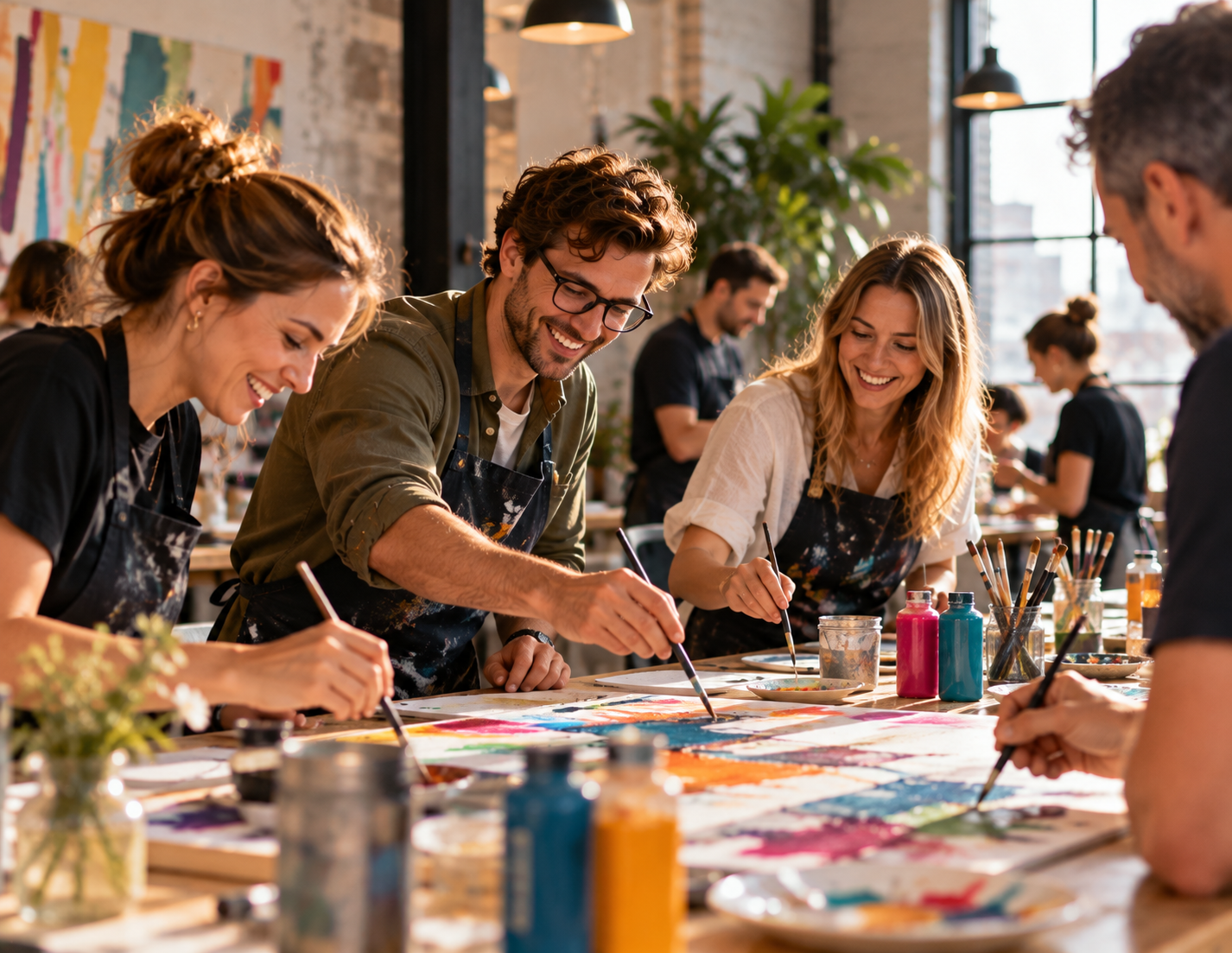 Mitarbeitende bei einem kreativen Workshop während eines Betriebsausflugs