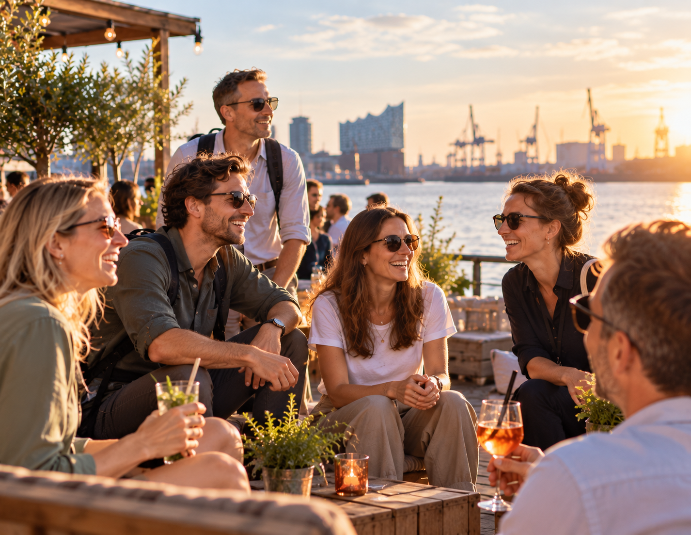Gruppe bei einem gemeinsamen Outdoor-Betriebsausflug am Wasser