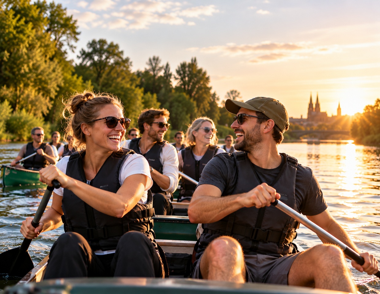 Gruppe bei einem gemeinsamen Outdoor-Betriebsausflug am Wasser