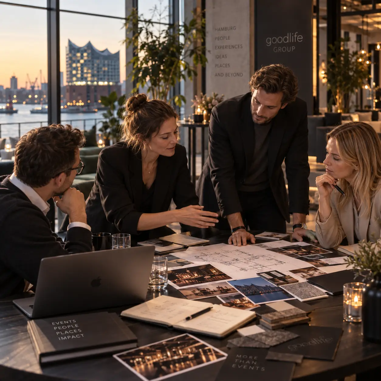 Team entwickelt gemeinsam ein Eventkonzept mit Raumplanung und Moodboards